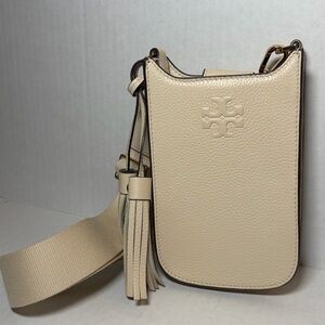 Tory Burch Thea Phone Crossbody Bag Beige Leather Shoulder Purse Tassel Logo